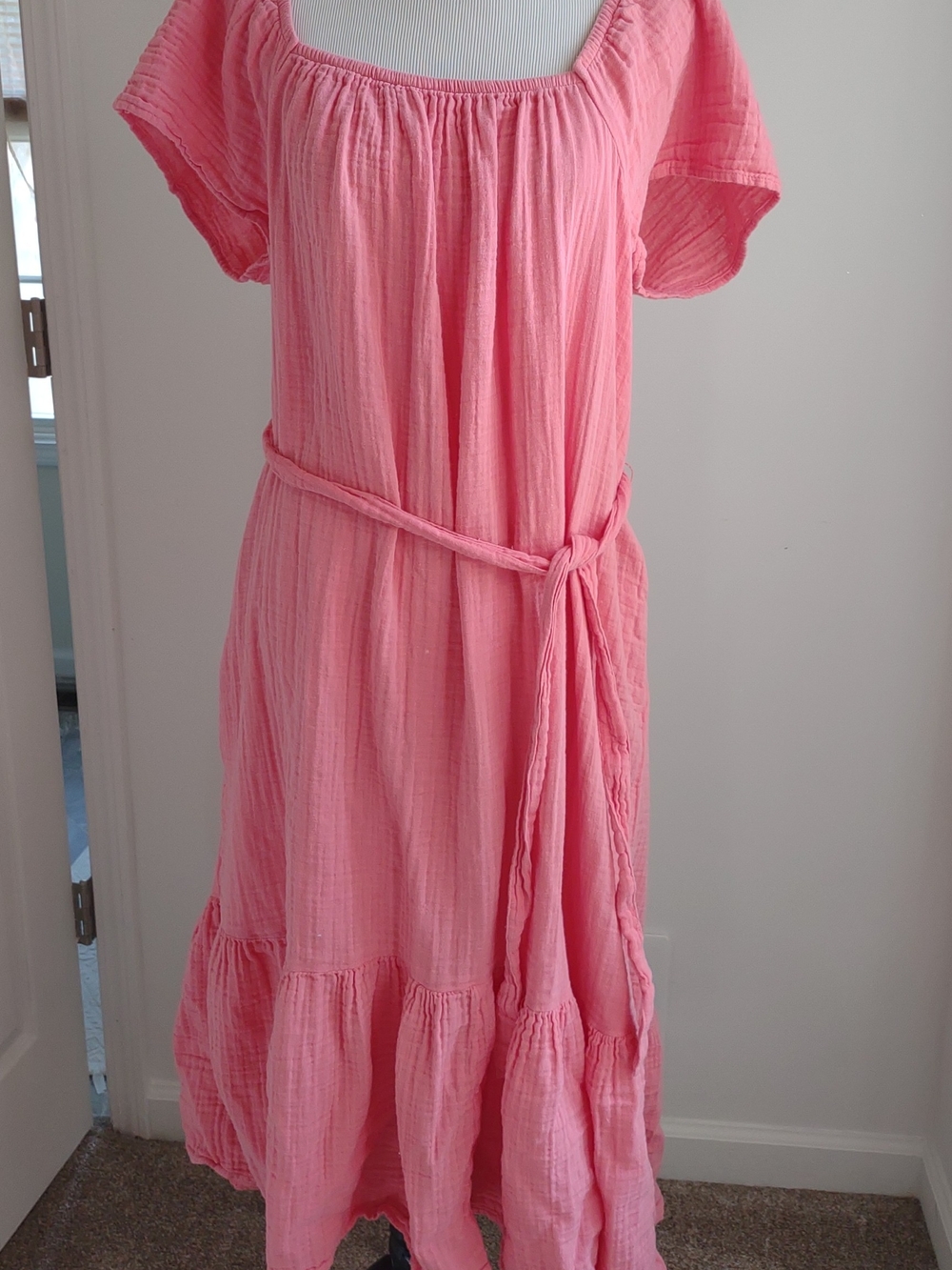 Time and Tru Pink Cotton Midi Dress with Tie Waist